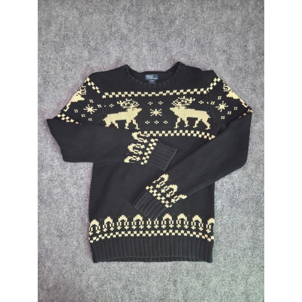 Polo Ralph Lauren Reindeer Sweater Black Fair Isle Knit Boys XL 20 Fits Wms XS S
